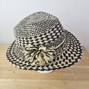 Kathy Jeanne Black White 100% Paper Straw Womens Hat Fedora Flower Detail